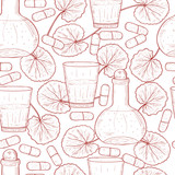 Fototapeta Big Ben - Gotu kola. A plant, leaves. A glass, a capsule, a bottle with a tincture. Background, wallpaper, seamless. Sketch. Monochrome