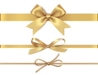 set of decorative golden bows with horizontal yellow ribbon isolated on white background. vector ill