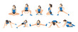 Workout girl set. Woman doing fitness and yoga exercises. Lunges and squats, plank and abc. Full body workout. Warming up, stretching
