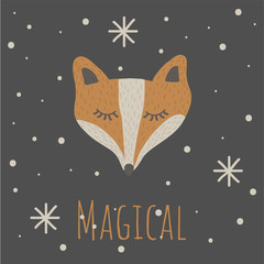 Wall Mural - Vector Illustartion with cute animal on dark background. Funny Fox. Magical.Retro style. Perfect fo kids cards, posters, book illustration and other design projects. EPS10