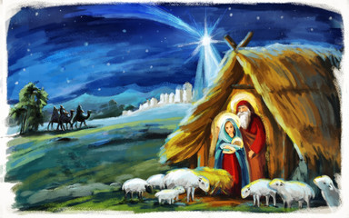 religious illustration three kings - and holy family - traditional scene with sheep and donkey - illustration for children