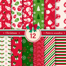 Merry Christmas Pattern Seamless Collection. Set Of 12 X-mas Winter Holiday Background . Endless Texture For Giftwrap, Wallpaper, Web Banner Background, Wrapping Paper And Fabric Patterns. 