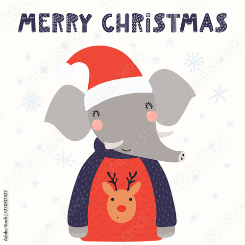 Hand drawn vector illustration of a cute funny elephant in a Santa hat, sweat...