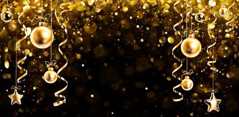 Wall Mural - christmas banner - glitter with hanging shiny balls on black background