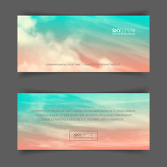 Wall Mural - narrow horizontal vector banners with realistic pink-blue sky and cumulus clouds. the image can be u