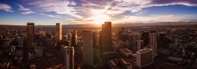 Wall Mural - Aerial/Drone photo of the capital city of Denver Colorado at sunset