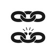 Black isolated icon of chain and broken chain on white background. Set of Silhouette of chain. Weak link. Flat design.
