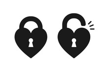 Black Isolated Icon Of Locked And Unlocked Heart Shape Lock On White Background. Set Of Silhouette Of Locked And Unlocked Heart Shape Lock. Flat Design.
