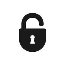 Black Isolated Icon Of Unlocked Lock On White Background. Silhouette Of Unlocked Padlock Flat Design.