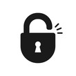 Black isolated icon of unlocked lock on white background. Silhouette of unlocked padlock. Flat design.