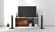 © Interior Design - Smart Tv Mockup with blank black screen hanging on the cabinet decor, modern living room zen style. 3d rendering