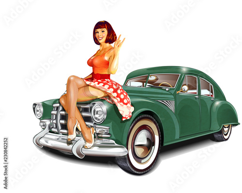 Fotografía Pin-up girl and retro car isolated on white background