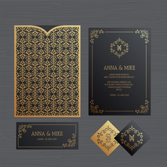 Wedding invitation or greeting card with vintage ornament. Paper lace envelope template. Wedding invitation envelope mock-up for laser cutting. Vector illustration.