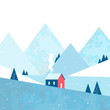 © yabluko_draws - Christmas greeting card. Cozy house in the forest and mountains. Winter landscape. Vector