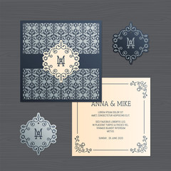 Wedding invitation or greeting card with vintage ornament. Paper lace envelope template. Wedding invitation envelope mock-up for laser cutting. Vector illustration.