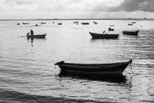Black And White Photo, Fishermen Are Fishing Out In The Morning.
