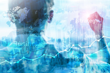 Business abstract background double exposure graph, chart and diagram. World wide map and. Global business and financial trading concept.