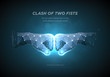 Clash of two fists. Low poly wireframe art on dark background.  The concept of conflict or resistance or competition or struggle. Polygonal illustration with connected dots and polygon lines. Vector