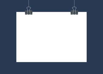 Poster - White poster hanging on binder. Empty white vector horizontal poster template. Poster mockup. Template of blank vector poster. Mock up hanging on wall. Frame for paper sheet. A4, A3, A2, A1