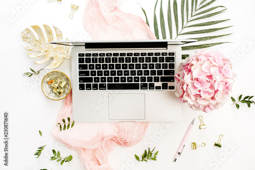 Woman Home Office Desk With Laptop Pink Hydrangea Flowers Bouquet