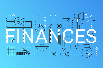 Poster - Finance 2019 word trendy composition concept banner. Outline stroke Investment, Strategy, Analysis. Flat line icons lettering typography on white background.