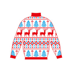 Wall Mural - Winter warm sweater handmade, svitshot, jumper for knit, red color. Women's sweaters, men's sweater, unisex sweater. Design - snowflakes, reindeer jacquard pattern. Christmas, New Year, stock vector