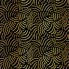 Gold foil abstract background. Curved lines seamless pattern metallic shiny golden on black. Handdrawn vector pattern texture. Modern, abstract, elegant mosaic for celebrations, Christmas, New Year