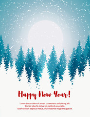 Vertical Merry Christmas and Happy New Year greeting card. Christmas tree winter landscape.