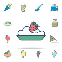 Poster - ice cream with strawberries in plate colored icon. Ice cream icons universal set for web and mobile