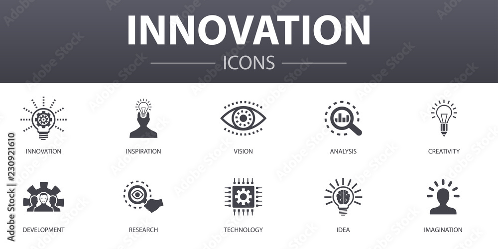 Innovation simple concept icons set. Contains such icons as inspiration, vision, creativity, development and more, can be used for web, logo, UI/UX - obrazy, fototapety, plakaty 
