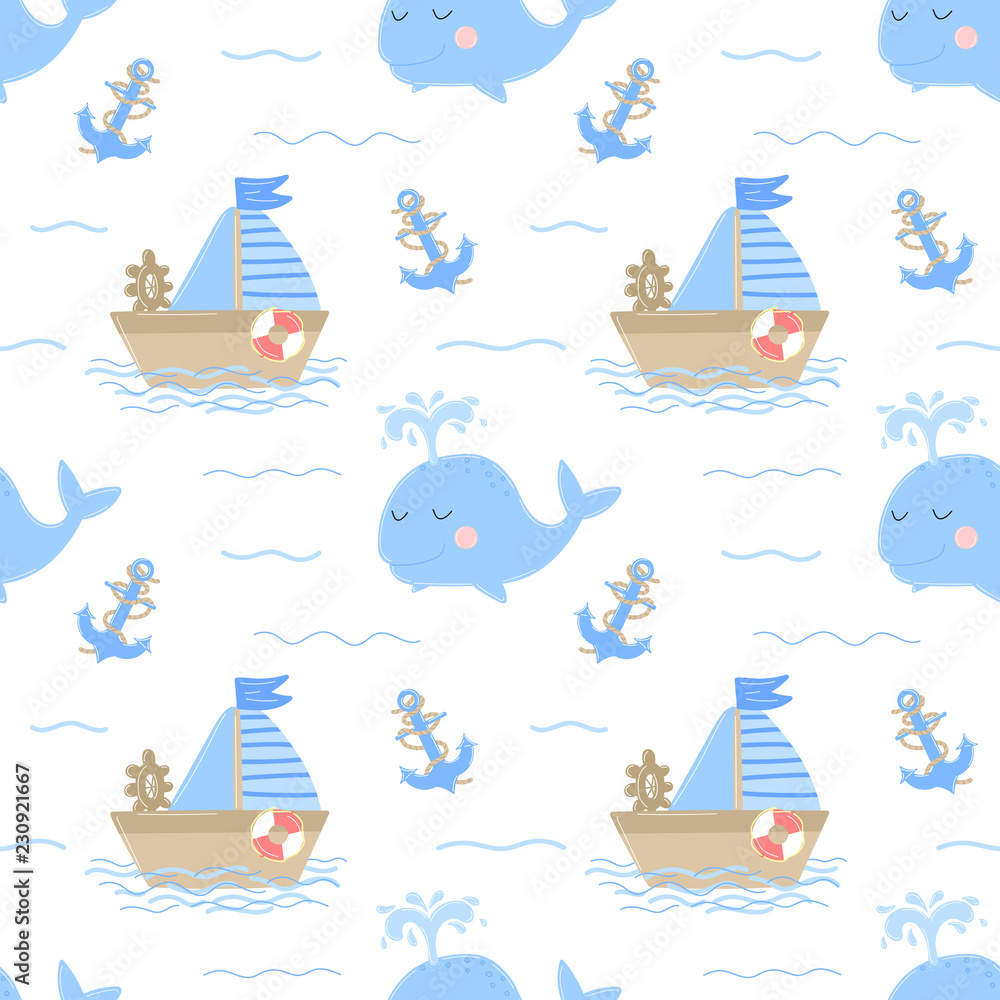 Seamless pattern of hand-drawn ship, whale and anchor. Vector image on ...