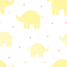 Seamless Pattern Of Cute Yellow Elephants And Hearts. Vector Image For Girl And Boy. Illustration For Holiday, Baby Shower, Birthday, Textile, Wrapper, Greeting Card, Print, Banners, Flyers