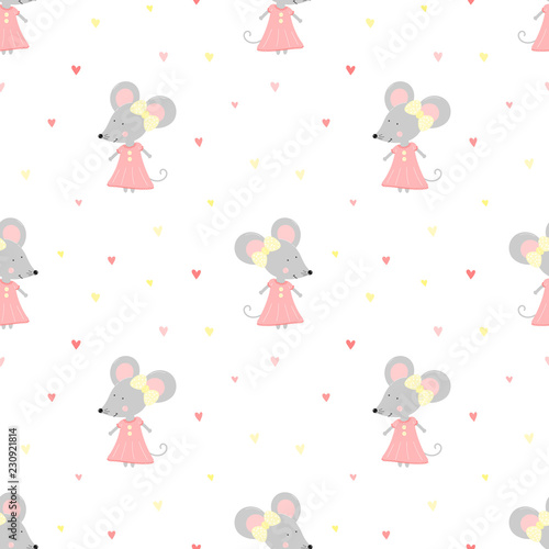 Seamless Pattern Of Cute Mice In A Pink Dress And Hearts Vector