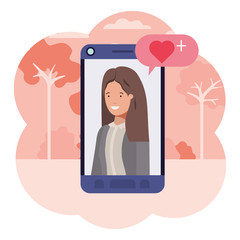 young businesswoman in smartphone with speech bubble