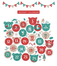 Merry Christmas Advent Calendar Design. Advent Calendar With Various Seasonal Objects And Symbols. Stickers In The Form Of The Head Of A Cat, Deer, Bear. Vector Illustration