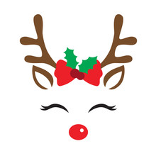 Vector Illustration Of A Cute Reindeer Face With Christmas Decoration.
