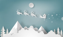 Paper Art Style Of Santa Claus With Reindeer Sleigh Flying Above The Sky During Christmas, Merry Christmas And Happy New Year Concept.