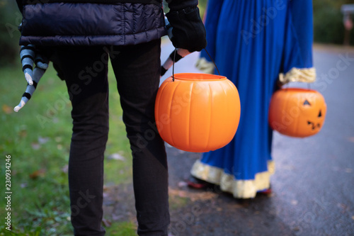 Fotografia, Obraz Children with Halloween pumpkin baskets during trick or treat session