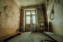 Dark Creepy Messy Room With Broken TV Set In Abandoned House 