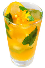 Sticker - Orange cocktail decorated with flower, isolated on white background.