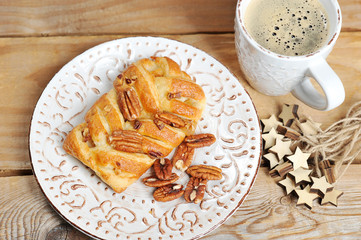 breakfast with pecan cake and coffee