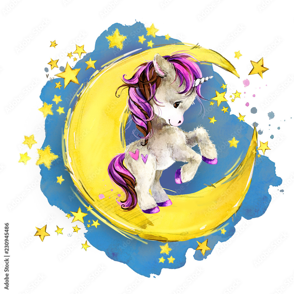 cute unicorn on the moon. watercolor Night fairytale sky illustration ...
