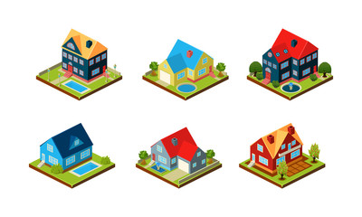 Sticker - City buildings set, urban landscape elements, private real estate vector Illustration on a white background