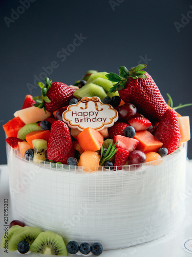 Homemade Fresh Mix Fruits Cake With Happy Birthday Tag Buy This Stock Photo And Explore Similar Images At Adobe Stock Adobe Stock