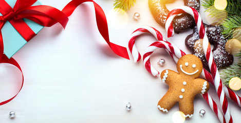 Wall Mural - christmas banner background; holidays gift, christmas tree decoration and copy space for your text