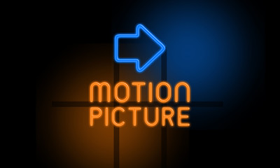 Wall Mural - Motion Picture - orange glowing text with an arrow on dark background