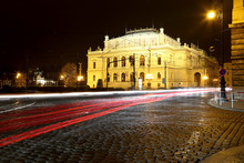 The Building Of Rudolfiunum Concert Halls On Jan Palach Square In Prague, Czech Republic (Night View). Czech Philharmonic Orchestra