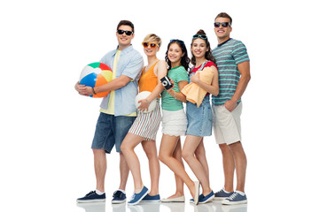 Sticker - summer holidays and people concept - group of happy smiling friends in sunglasses with beach ball, volleyball, towel and camera over white background