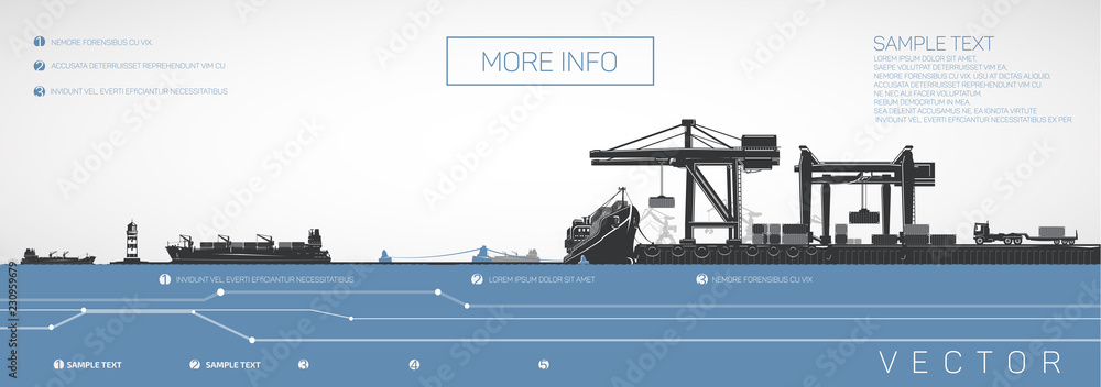 Container ship on the dock, gantry and loaders cranes, vector infographics. - obrazy, fototapety, plakaty 