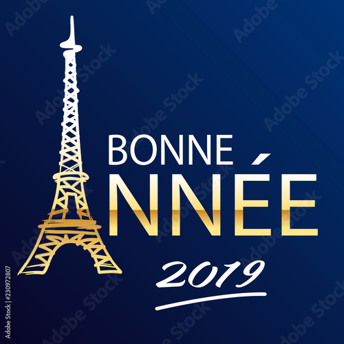 Fotografering Carte de vœux 2019 représentant Paris et la tour Eiffel en lettres dorée sur fon
